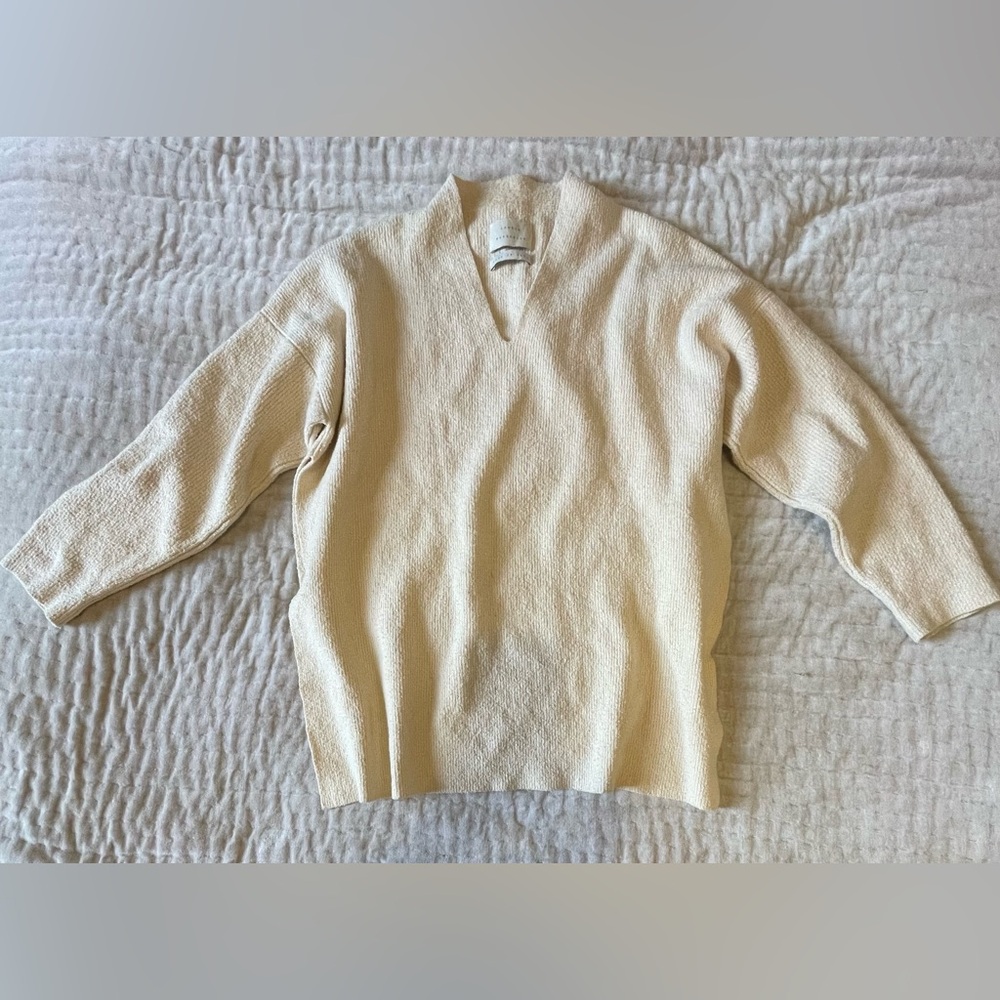 LAUREN MANOOGIAN Rib V Neck Pullover Boxy High Low Cropped Back Hem Iconic 2 M - Picture 7 of 16